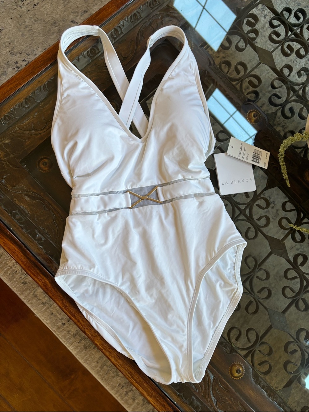 La Blanca Women's White One-Piece Swimsuit with Crisscross Straps gold accent 6